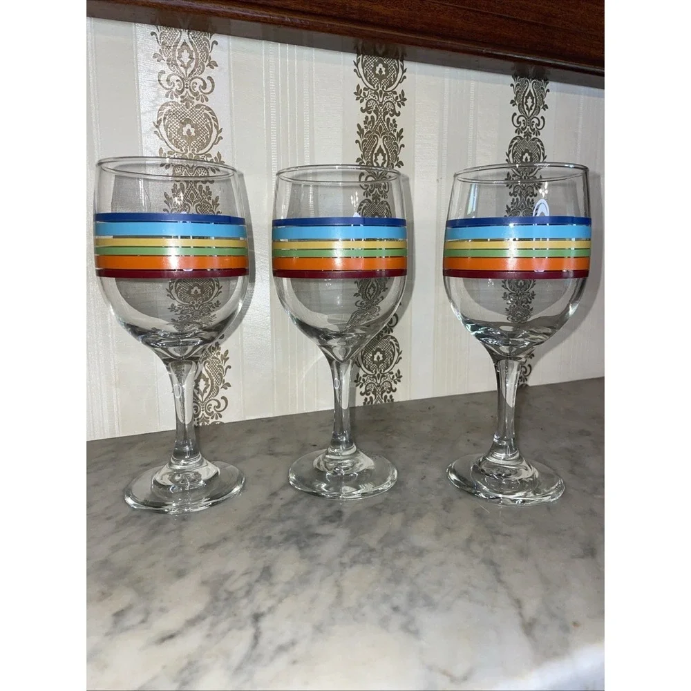 3 Vintage Libbey Fiesta Mambo Colored Stripe Wine Water Tea Glasses 8 oz 7